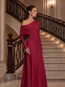 Solid Color One Shoulder Long Sleeve Formal Dress For Women, Draped Neck Mermaid Long Gown, Elegant Evening Party Cocktail Prom Dress For Fall Winter - Burgundy - View 3