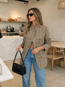 Women's Autumn Elegant Casual Brown Plaid Button-Up Long Sleeve Cardigan Jacket, Suitable For Vacation, Office, Outings - Multicolor - View 1