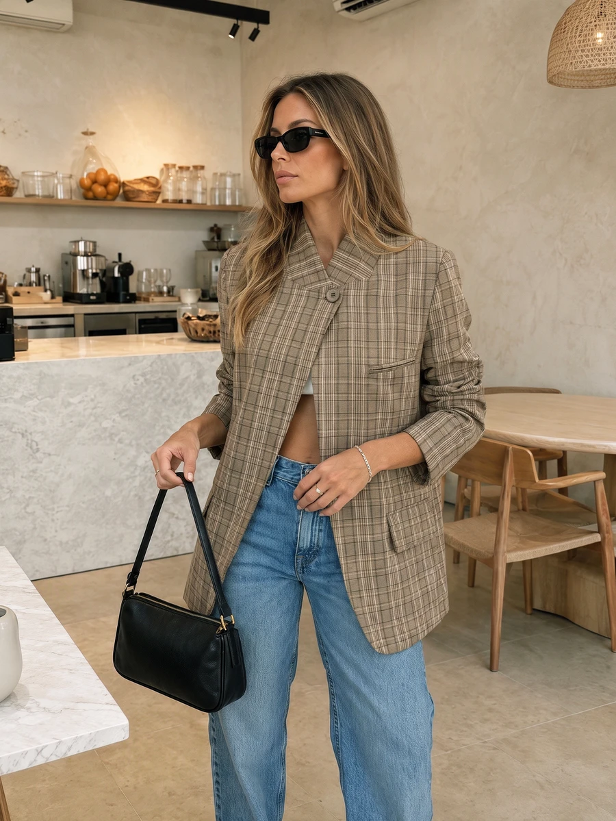 Women's Autumn Elegant Casual Brown Plaid Button-Up Long Sleeve Cardigan Jacket, Suitable For Vacation, Office, Outings - Multicolor - View 1