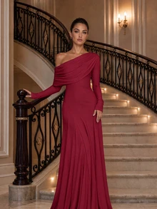 Solid Color One Shoulder Long Sleeve Formal Dress For Women, Draped Neck Mermaid Long Gown, Elegant Evening Party Cocktail Prom Dress For Fall Winter - Burgundy - View 1
