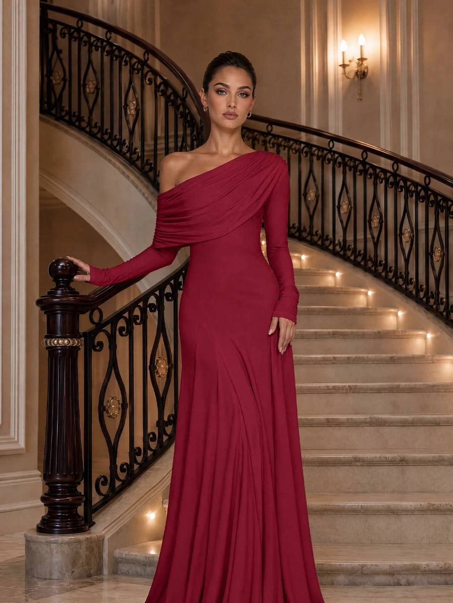 Solid Color One Shoulder Long Sleeve Formal Dress For Women, Draped Neck Mermaid Long Gown, Elegant Evening Party Cocktail Prom Dress For Fall Winter - Burgundy - View 1
