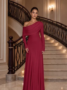 Solid Color One Shoulder Long Sleeve Formal Dress For Women, Draped Neck Mermaid Long Gown, Elegant Evening Party Cocktail Prom Dress For Fall Winter - Burgundy - View 2