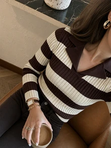 FOR BEAUTY Fall Winter Y2K Elegant Mocha Brown Striped Collar Neck Long Sleeve Soft Ribbed Sweater Tops Women Going Out Vacation Outfits - Multicolor - View 8