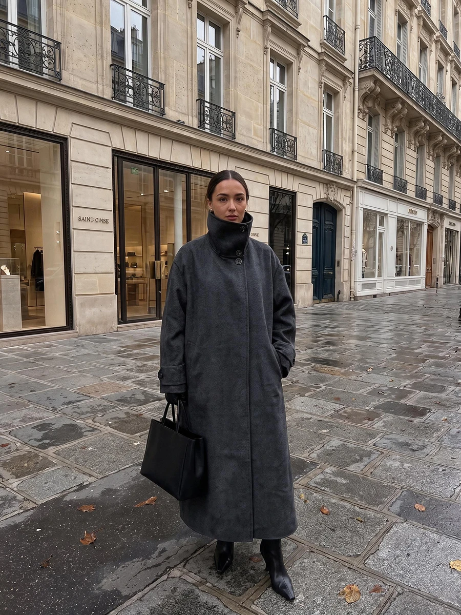 Women's Autumn/Winter New Fashion Wool Coat, Button Front Trench Coat, Loose Comfortable Minimalist Jacket - Black and Gray - View 1
