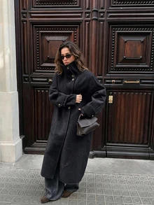 Women's Autumn/Winter New Fashion Wool Coat, Button Front Trench Coat, Loose Comfortable Minimalist Jacket - Black and Gray - View 2