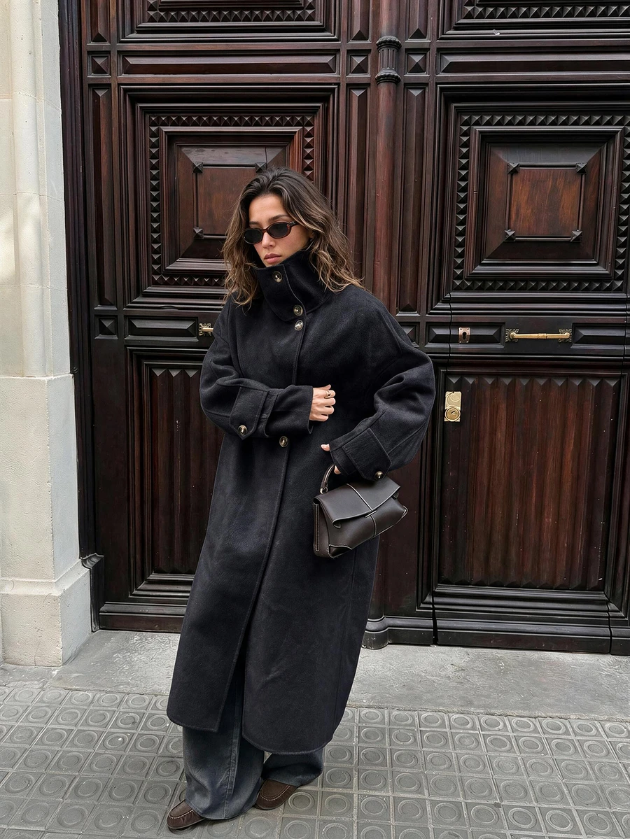 Women's Autumn/Winter New Fashion Wool Coat, Button Front Trench Coat, Loose Comfortable Minimalist Jacket - Black and Gray - View 1