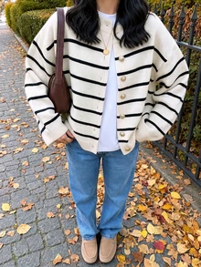 秋冬新款女款極簡優雅性感辣妹森女學院風條紋開襟羊毛衫 - 黑與白 - 查看 6