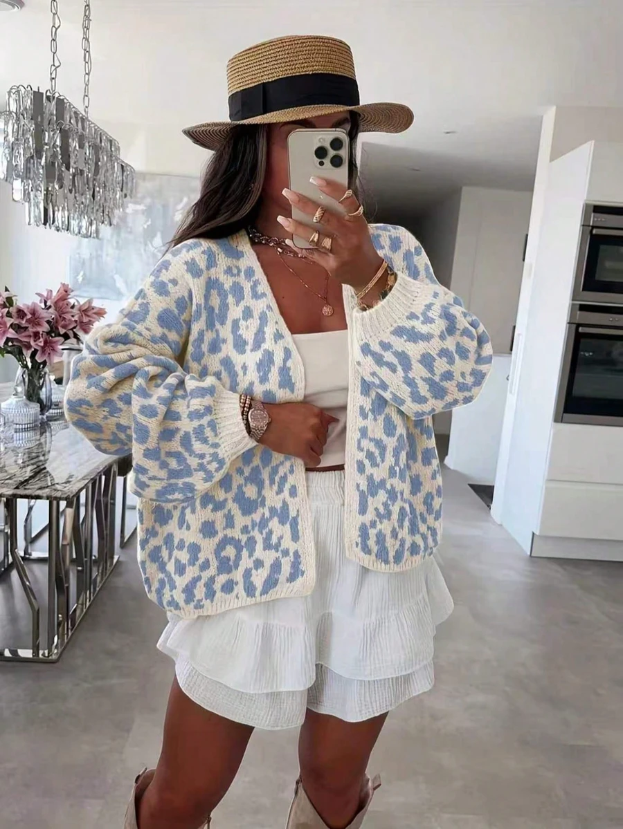 Plus Size Women's Street Fashion Leopard Print Jacquard Long Sleeve Knit Cardigan - Beige - View 1