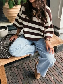 Women's New Autumn Color Block Striped Round Neck Knit Top, Gentle And Versatile For Daily And Campus Wear - Small White Apricot - View 1