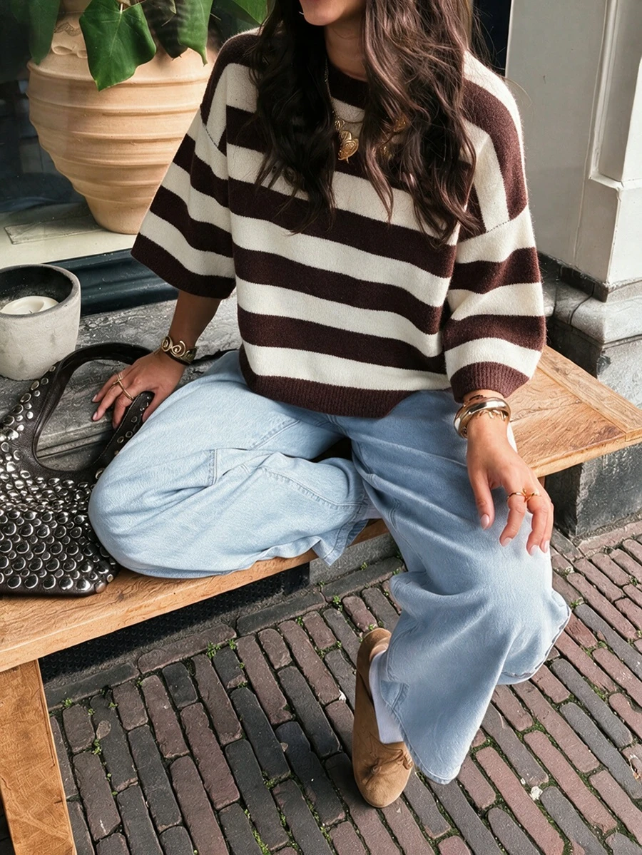 Women's New Autumn Color Block Striped Round Neck Knit Top, Gentle And Versatile For Daily And Campus Wear - Small White Apricot - View 1