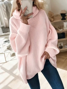 Plus Size Pink Turtleneck Plus Size Sweater, 2026 New Arrival Ribbed Knit Long Sleeve Pullover, Casual Loose Jumper For Fall Winter Daily Wear - Pink - View 4