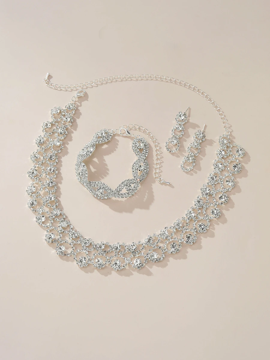 Rylithe 3pcs/Set Women's Party Wedding Crystal Decor Necklace, Earrings And Bracelet Set - Suitable For Daily Wear, Wedding, Party And Other Occasions - White - View 1
