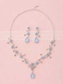 Rylithe Bộ 3 món màu mận cổ điển, bao gồm bông tai và dây chuyền pha lê tím, phù hợp cho cô dâu, phù dâu, tiệc cưới - Màu xanh nhạt - Xem 1