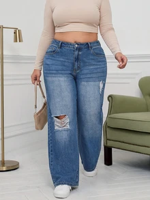 Plus Size Women's Casual Straight Leg Jeans, Distressed Design, Everyday Wear, Elegant Y2K Style, Suitable For Autumn/Winter - Blue - View 2