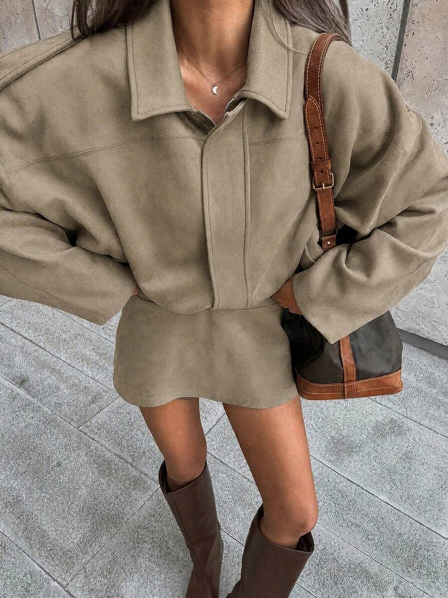 女款正裝版型人造麂皮長袖單排扣寬鬆休閒夾克，適合春季穿著