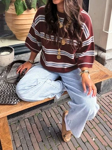 MORI 女款優雅休閒時尚基礎款酒紅條紋圓領短袖針織毛衣上衣，適合搭配穿搭 - 早紅拼冰藍 - 查看 1