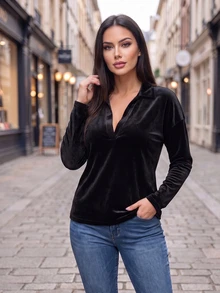 Elegant Women's Velvet Long Sleeve Top With Collar, Fashionable V-Neck Knit Shirt, Suitable For Autumn Wear - Black - View 2