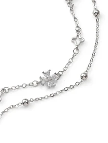 Rylithe 1pc Niche Design Minimalist Zirconia Flower Double-Layer Bracelet (Beads, Chain And Clasp Are Random) - Silver - View 4