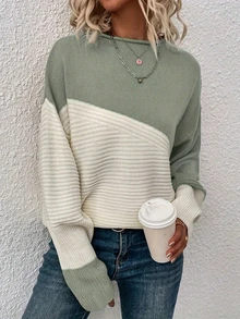 Plus Size Women's Autumn/Winter Essential Colorblock Drop Shoulder Loose Long Sleeve Casual Sweater For Daily Wear - Green - View 1