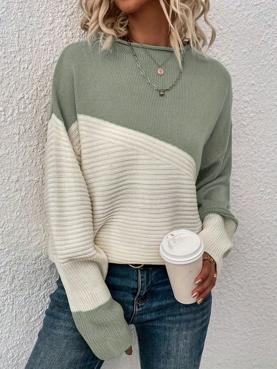 Plus Size Women's Autumn/Winter Essential Colorblock Drop Shoulder Loose Long Sleeve Casual Sweater For Daily Wear - Green - View 1