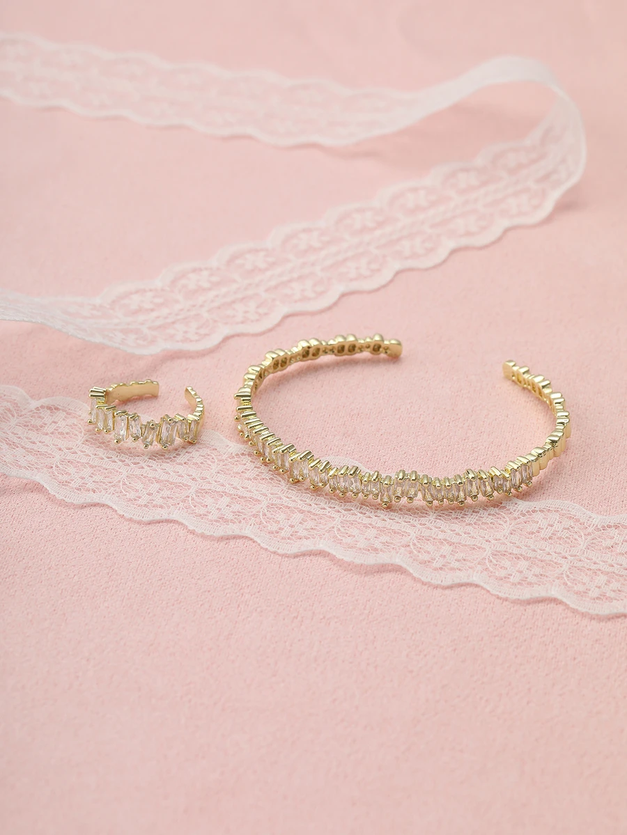 Rylithe 2pcs Fashionable Cubic Zirconia Asymmetrical Decoration Ring & Bracelet Set - Yellow Gold - View 1