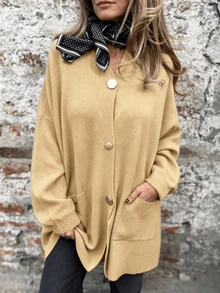 2026 Autumn/Winter Essential Plus Size Women's V-Neck Loose Knit Cardigan, Large Button Knit Jacket With Pockets, Versatile Casual, Must-Have For Daily Streetwear - Apricot - View 1
