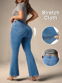 Celana Jeans Denim Washed Model Flare Leg Ukuran Plus untuk Wanita, Cocok untuk Perjalanan, Santai, Liburan, Kencan, dan Acara Lainnya - Biru - View 8