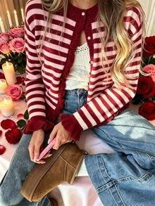 春夏女款極簡優雅單排扣條紋拼接配色長袖針織開襟衫 - 紅色拼淺粉色 - 查看 5