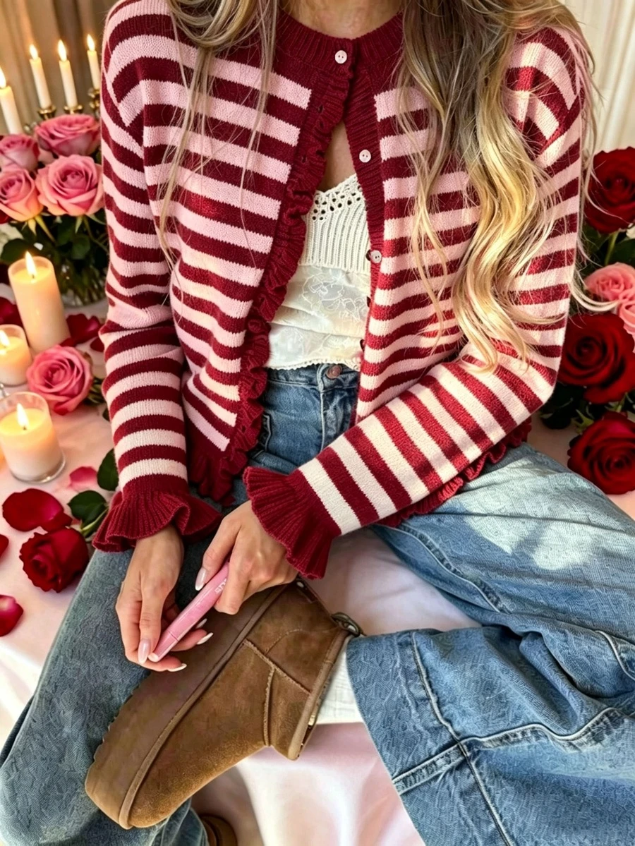 Spring/Summer Women's Minimalist Elegant Single-Breasted Striped Color-Block Long Sleeve Knit Cardigan