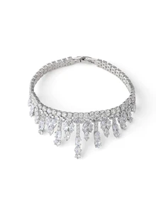 Rylithe 5pcs Women's Elegant Tassel Rhinestone Bride Necklace And Earrings Silver Set, Fashion Jewelry Set Suitable For Weddings - Silver - View 4