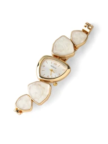 Rylithe 1pc Women's Gold Alloy Asymmetrical Bracelet Watch, Fashion Arabic Numeral Dial, Quartz Movement For Daily Decoration - White - View 4