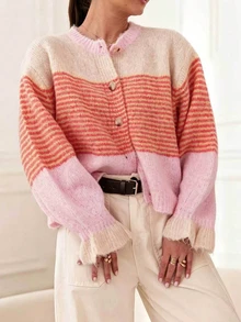 Plus Size Women's Casual Colorblock Striped Cardigan, Autumn/Winter - Multicolor - View 1