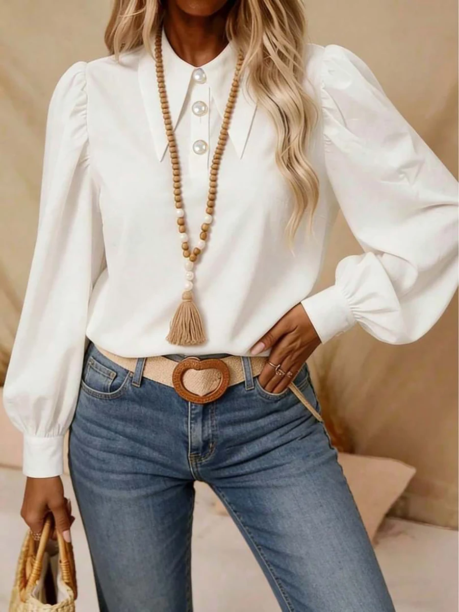 Plus Size Women's Solid Color Lantern Sleeve Collared Shirt, Fashion Pearl Button Puff Sleeve Blouse - White - View 1
