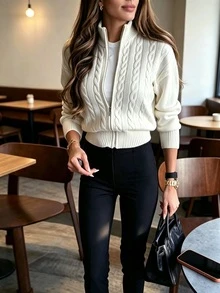 MORI Autumn/Winter Y2K Elegant Beige Faux Collar Zipper Placket Ribbed Trim Cable Knit Sweater Top For Women, Casual Outing And Vacation Outfit - Off-white - View 4