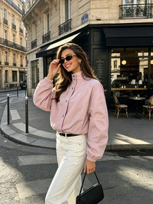 Women's Pink Front Button Jacket, Elastic Hem, Raglan Sleeves, Autumn Outerwear - Pink - View 2