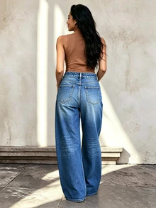 Women's Autumn Fashion Long Washed Denim Wide Leg Pants, Embroidered Circle Detail, Slightly Stretchy Casual Style - Medium Wash - View 2