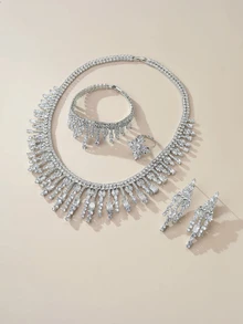 Rylithe 5pcs Women's Elegant Tassel Rhinestone Bride Necklace And Earrings Silver Set, Fashion Jewelry Set Suitable For Weddings - Silver - View 2
