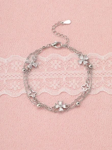 Rylithe 1pc Niche Design Minimalist Zirconia Flower Double-Layer Bracelet (Beads, Chain And Clasp Are Random) - Silver - View 1