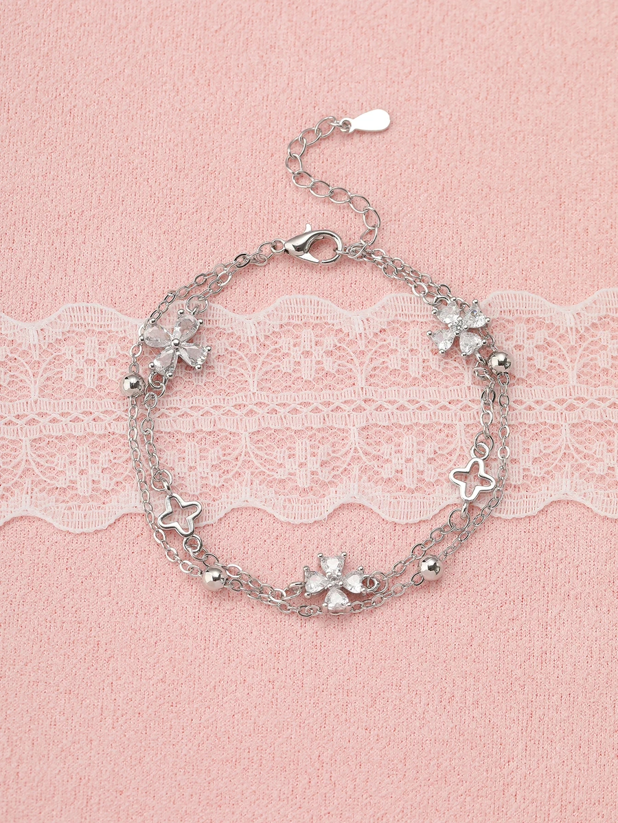 Rylithe 1pc Niche Design Minimalist Zirconia Flower Double-Layer Bracelet (Beads, Chain And Clasp Are Random) - Silver - View 1