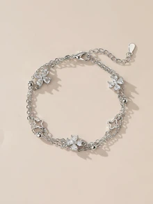 Rylithe 1pc Niche Design Minimalist Zirconia Flower Double-Layer Bracelet (Beads, Chain And Clasp Are Random) - Silver - View 2