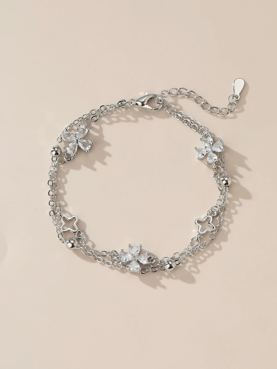 Rylithe 1pc Niche Design Minimalist Zirconia Flower Double-Layer Bracelet (Beads, Chain And Clasp Are Random) - Silver - View 1