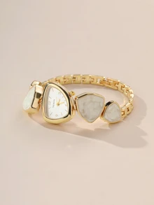 Rylithe 1pc Women's Gold Alloy Asymmetrical Bracelet Watch, Fashion Arabic Numeral Dial, Quartz Movement For Daily Decoration - White - View 2
