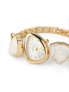Rylithe 1pc Women's Gold Alloy Asymmetrical Bracelet Watch, Fashion Arabic Numeral Dial, Quartz Movement For Daily Decoration - White - View 5
