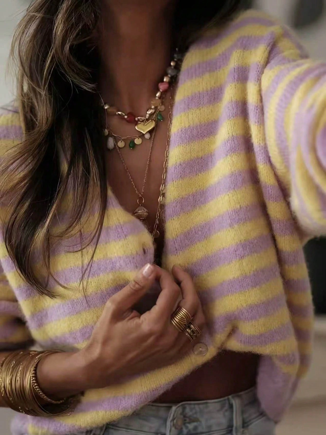 Plus Size Striped Knit Cardigan Women V‑Neck Button Front Long Sleeve Plus Size Sweater Top Casual Fall Winter Daily Street Outfit - Mauve Purple - View 1