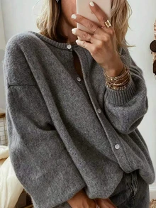 Plus Size Women's Round Neck Button-Down Knit Cardigan, Loose Fit Long Sleeve, Autumn/Winter 2026 Essential Casual Everyday Wear - Dark Grey - View 1