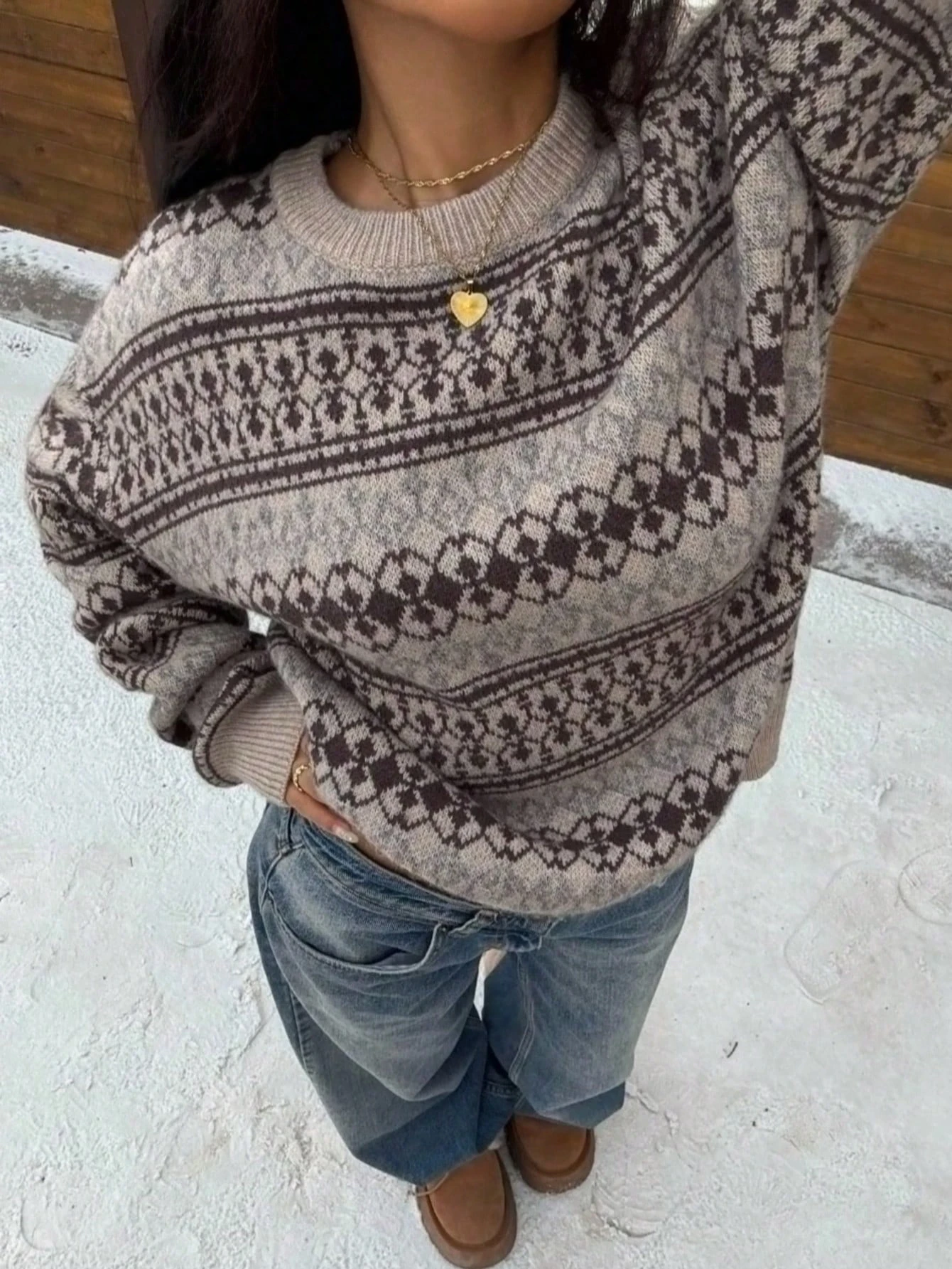Sweater Wanita Ukuran Besar Motif Fair Isle Vintage, Leher Bulat Lengan Panjang Potongan Longgar, Kasual Retro Musim Gugur/Dingin - Grey - View 1