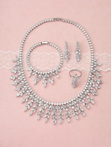 Rylithe 5pcs Women's Cubic Zirconia Necklace And Earring Set, Fashion Jewelry Set Suitable For Weddings, Dinners, Balls, And Parties - Silver - View 1