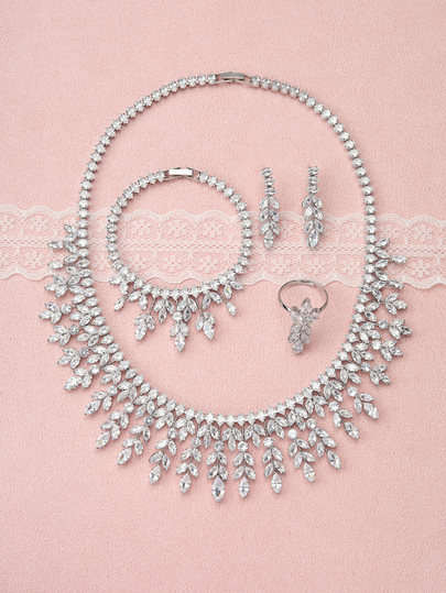 Rylithe 5pcs Women's Cubic Zirconia Necklace And Earring Set, Fashion Jewelry Set Suitable For Weddings, Dinners, Balls, And Parties