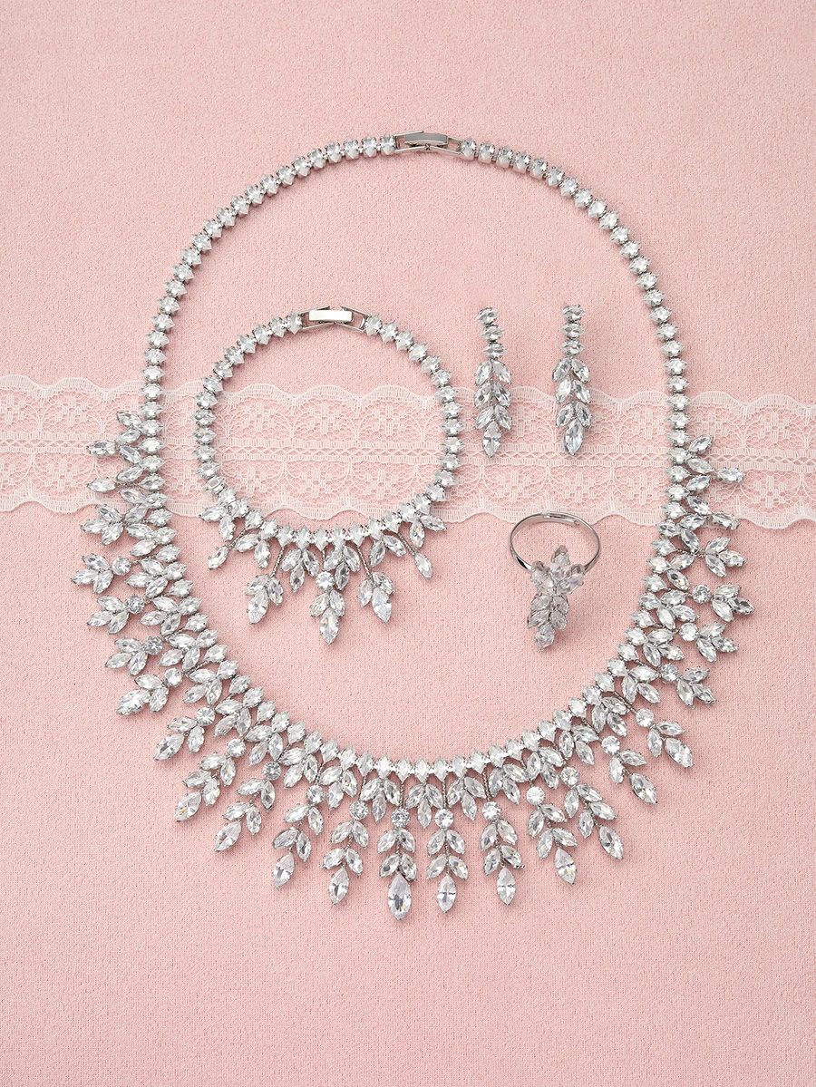Rylithe 5pcs Women's Cubic Zirconia Necklace And Earring Set, Fashion Jewelry Set Suitable For Weddings, Dinners, Balls, And Parties - Silver - View 1