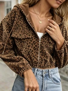 Women's Leopard Print Drawstring Hooded Zip-Up Casual Daily Long Sleeve Shirt - Coffee Brown - View 1